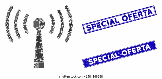 Mosaic Wi-Fi station pictogram and rectangular Special Oferta rubber prints. Flat vector Wi-Fi station mosaic pictogram of scattered rotated rectangle items.