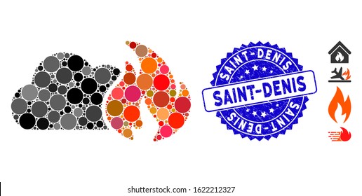 Mosaic Wild Fire Icon And Distressed Stamp Watermark With Saint-Denis Phrase. Mosaic Vector Is Designed With Wild Fire Icon And With Scattered Round Elements. Saint-Denis Stamp Seal Uses Blue Color,