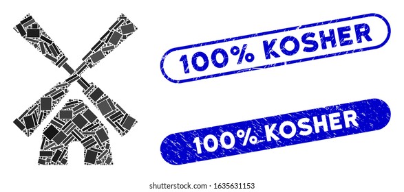 Mosaic wind mill and corroded stamp seals with 100% Kosher caption. Mosaic vector wind mill is composed with scattered rectangle items. 100% Kosher seals use blue color,