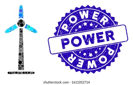 Mosaic wind power generator icon and corroded stamp watermark with Power phrase. Mosaic vector is formed with wind power generator icon and with random circle elements.