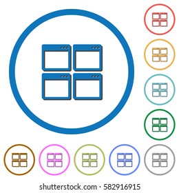 Mosaic window view mode flat color vector icons with shadows in round outlines on white background