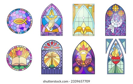 Set of stained glass patterns with flowers and leaves. Colorful