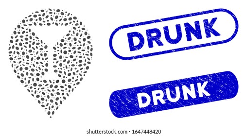 Mosaic wine bar marker and corroded stamp seals with Drunk text. Mosaic vector wine bar marker is formed with scattered ellipse items. Drunk stamp seals use blue color, and have round rectangle shape.