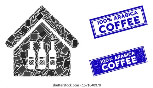 Mosaic wine bar pictogram and rectangular 100% Arabica Coffee watermarks. Flat vector wine bar mosaic pictogram of random rotated rectangular elements.