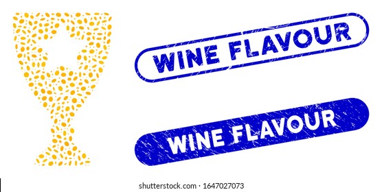 Mosaic winner cup and corroded stamp seals with Wine Flavour phrase. Mosaic vector winner cup is formed with random elliptic spots. Wine Flavour stamp seals use blue color,