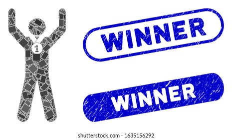 Mosaic winner hands up and distressed stamp watermarks with Winner text. Mosaic vector winner hands up is formed with random rectangle items. Winner stamp seals use blue color,