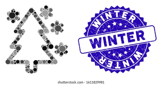 Mosaic winter tree icon and distressed stamp watermark with Winter caption. Mosaic vector is formed with winter tree icon and with scattered circle items. Winter stamp uses blue color,