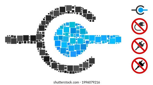 Icono de conexión de alambre mosaico construido a partir de elementos cuadrados en varios tamaños y tonos de color. Los elementos cuadrados vectoriales se agrupan en un icono de conexión de alambre de mosaico abstracto. Se agregan iconos de bonificación.