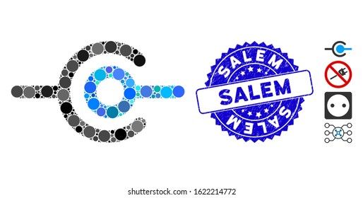 Mosaic wire connection icon and distressed stamp watermark with Salem caption. Mosaic vector is composed with wire connection icon and with scattered circle elements. Salem stamp seal uses blue color,