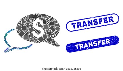 Mosaic wire transfer and grunge stamp watermarks with Transfer phrase. Mosaic vector wire transfer is designed with random rectangle items. Transfer stamp seals use blue color,