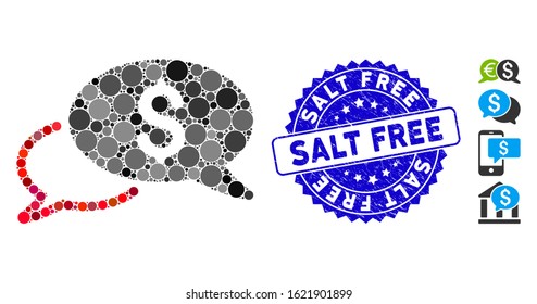 Mosaic wire transfer icon and rubber stamp watermark with Salt Free text. Mosaic vector is composed with wire transfer icon and with random spheric elements. Salt Free stamp uses blue color,
