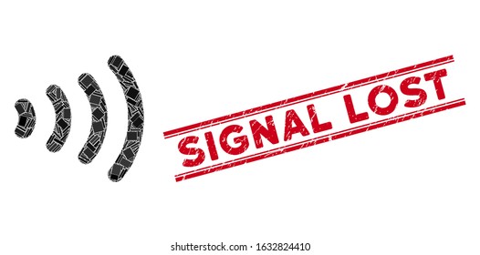 Mosaic wireless icon and red Signal Lost rubber print between double parallel lines. Flat vector wireless mosaic icon of random rotated rectangular elements.