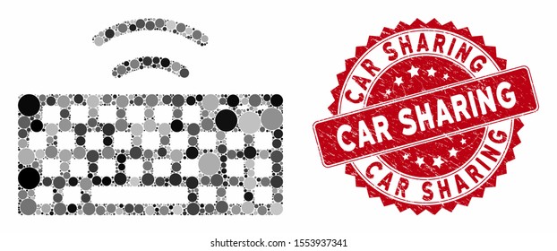 Mosaic wireless keyboard and corroded stamp seal with Car Sharing phrase. Mosaic vector is created from wireless keyboard icon and with randomized spheric items. Car Sharing stamp seal uses red color,