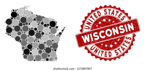 Mosaic Wisconsin State map and circle seal. Flat vector Wisconsin State map mosaic of random circle elements. Red seal stamp with grunge style. Designed for political and patriotic propaganda.
