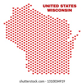 Mosaic Wisconsin State map of heart hearts in red color isolated on a white background. Regular red heart pattern in shape of Wisconsin State map. Abstract design for Valentine decoration.