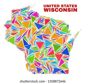 Mosaic Wisconsin State map of triangles in bright colors isolated on a white background. Triangular collage in shape of Wisconsin State map. Abstract design for patriotic illustrations.