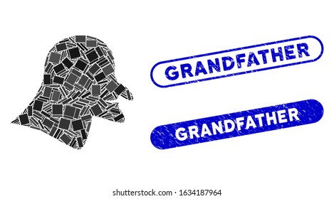 Mosaic witch head and grunge stamp watermarks with Grandfather text. Mosaic vector witch head is created with random rectangle items. Grandfather stamp seals use blue color,