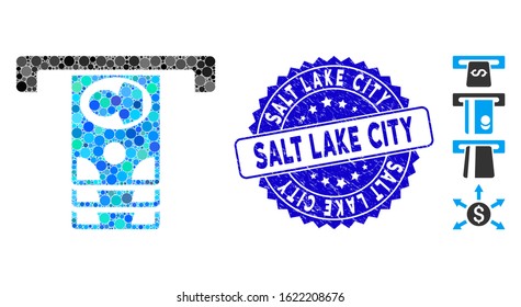 Mosaic withdraw banknotes icon and rubber stamp watermark with Salt Lake City text. Mosaic vector is created with withdraw banknotes icon and with random round elements.