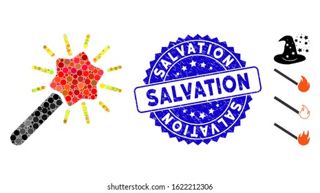 Mosaic wizard wand icon and distressed stamp seal with Salvation caption. Mosaic vector is composed from wizard wand icon and with randomized spheric items. Salvation stamp seal uses blue color,