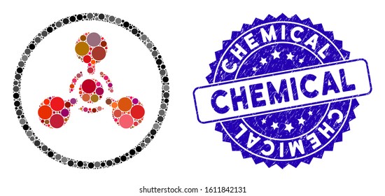 Mosaic WMD nerve agent chemical warfare icon and rubber stamp seal with Chemical caption. Mosaic vector is designed with WMD nerve agent chemical warfare icon and with scattered circle elements.
