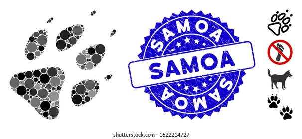 Mosaic wolf footprint icon and distressed stamp seal with Samoa caption. Mosaic vector is formed with wolf footprint icon and with random round items. Samoa stamp seal uses blue color,