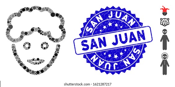 Mosaic woman avatar face icon and rubber stamp watermark with San Juan phrase. Mosaic vector is composed with woman avatar face icon and with randomized circle elements.