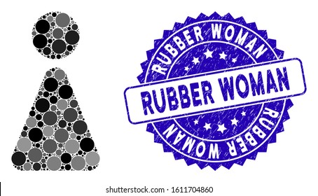 Mosaic woman icon and corroded stamp watermark with Rubber Woman text. Mosaic vector is composed with woman icon and with random round elements. Rubber Woman stamp seal uses blue color,