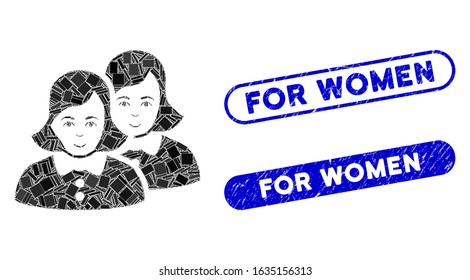 Mosaic women and distressed stamp seals with For Women phrase. Mosaic vector women is created with scattered rectangle items. For Women stamp seals use blue color, and have round rectangle shape.