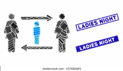 Mosaic women guy exchange icon and rectangular Ladies Night watermarks. Flat vector women guy exchange mosaic icon of random rotated rectangular items.