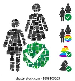 Mosaic Women only icon organized from square elements in different sizes and color hues. Vector square elements are united into abstract mosaic women only icon. Bonus icons are added.