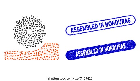 Mosaic wood processing and corroded stamp seals with Assembled in Honduras phrase. Mosaic vector wood processing is designed with randomized ellipse elements.