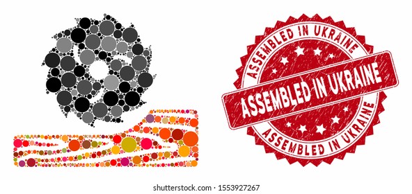 Mosaic wood processing and grunge stamp seal with Assembled in Ukraine text. Mosaic vector is composed with wood processing icon and with random spheric elements.