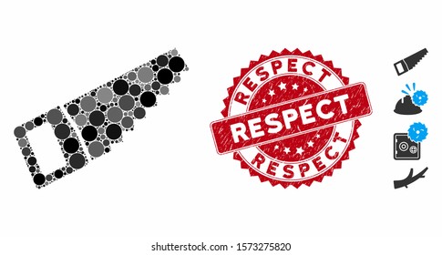 Mosaic wood saw icon and distressed stamp seal with Respect text. Mosaic vector is composed with wood saw icon and with random round elements. Respect stamp uses red color, and grunged design.