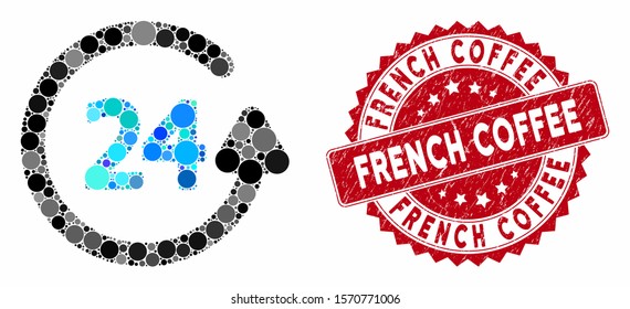 Mosaic work time and distressed stamp seal with French Coffee text. Mosaic vector is composed with work time icon and with random round items. French Coffee stamp seal uses red color,