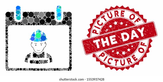 Mosaic worker calendar day and rubber stamp seal with Picture of the Day caption. Mosaic vector is formed with worker calendar day icon and with random round elements.