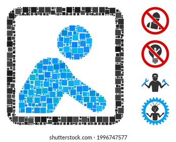 Mosaic Worker icon constructed from square elements in different sizes and color hues. Vector square elements are composed into abstract mosaic worker icon. Bonus icons are placed.