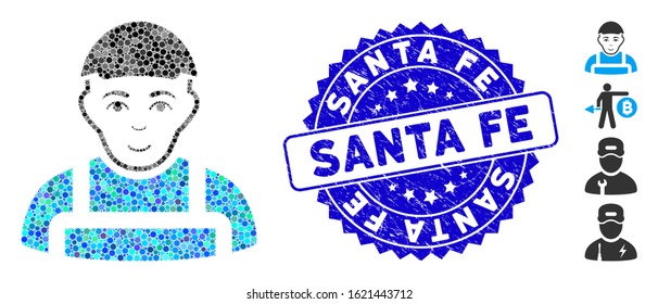 Mosaic worker icon and distressed stamp seal with Santa Fe phrase. Mosaic vector is formed from worker icon and with random circle items.  