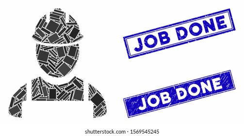 Mosaic worker pictogram and rectangle rubber prints. Flat vector worker mosaic pictogram of scattered rotated rectangle items. Blue caption seals with scratched texture.