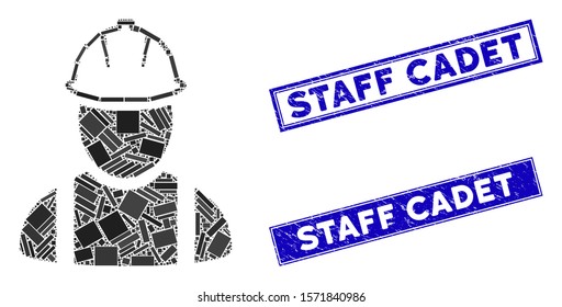Mosaic worker pictogram and rectangle Staff Cadet seal stamps. Flat vector worker mosaic pictogram of random rotated rectangular items. Blue Staff Cadet seal stamps with distress textures.