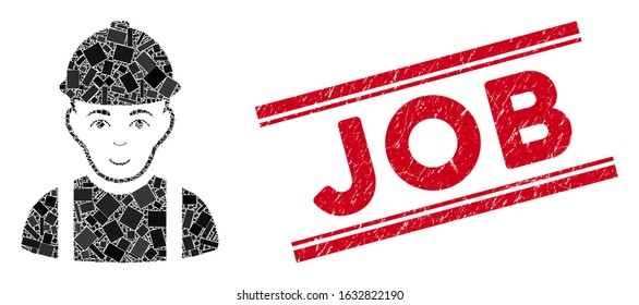 Mosaic worker pictogram and red Job watermark between double parallel lines. Flat vector worker mosaic pictogram of scattered rotated rectangular items. Red Job rubber seal with grunged surface.