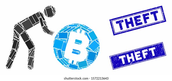 Mosaic worker roll Bitcoin icon and rectangular Theft seal stamps. Flat vector worker roll Bitcoin mosaic icon of randomized rotated rectangle items. Blue Theft seal stamps with corroded texture.