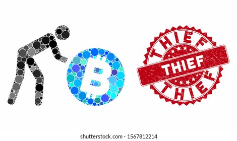 Mosaic worker roll Bitcoin and rubber stamp seal with Thief phrase. Mosaic vector is designed with worker roll Bitcoin icon and with random round items. Thief stamp uses red color, and grunge surface.