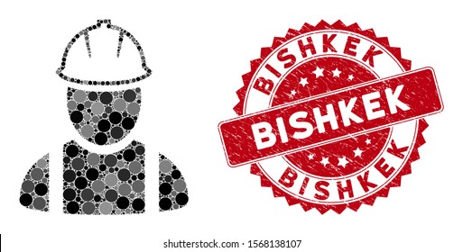 Mosaic worker and rubber stamp seal with Bishkek phrase. Mosaic vector is composed with worker icon and with randomized circle spots. Bishkek seal uses red color, and grunge texture.