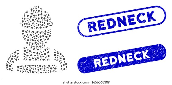 Mosaic worker and rubber stamp seals with Redneck caption. Mosaic vector worker is created with scattered oval pieces. Redneck stamp seals use blue color, and have round rectangle shape.