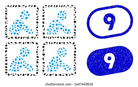 Mosaic workers and corroded stamp seals with 9 caption. Mosaic vector workers is composed with randomized elliptic dots. 9 stamp seals use blue color, and have round rectangle shape.
