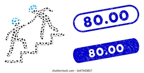 Mosaic workers help and rubber stamp seals with 80.00 caption. Mosaic vector workers help is formed with random oval pieces. 80.00 stamp seals use blue color, and have round rectangle shape.