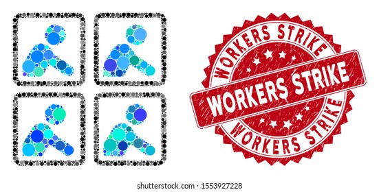 Mosaic workers and rubber stamp seal with Workers Strike phrase. Mosaic vector is composed with workers icon and with scattered circle elements. Workers Strike stamp uses red color,