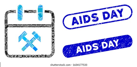 Mosaic working day and distressed stamp seals with AIDS Day caption. Mosaic vector working day is designed with scattered rectangle items. AIDS Day stamp seals use blue color,