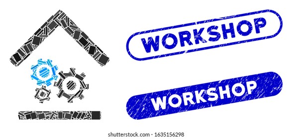 Mosaic workshop and corroded stamp seals with Workshop caption. Mosaic vector workshop is created with randomized rectangle items. Workshop stamp seals use blue color, and have round rectangle shape.