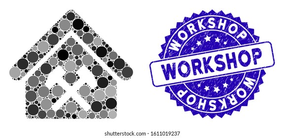 Mosaic workshop icon and corroded stamp watermark with Workshop caption. Mosaic vector is formed with workshop icon and with randomized circle items. Workshop stamp seal uses blue color,